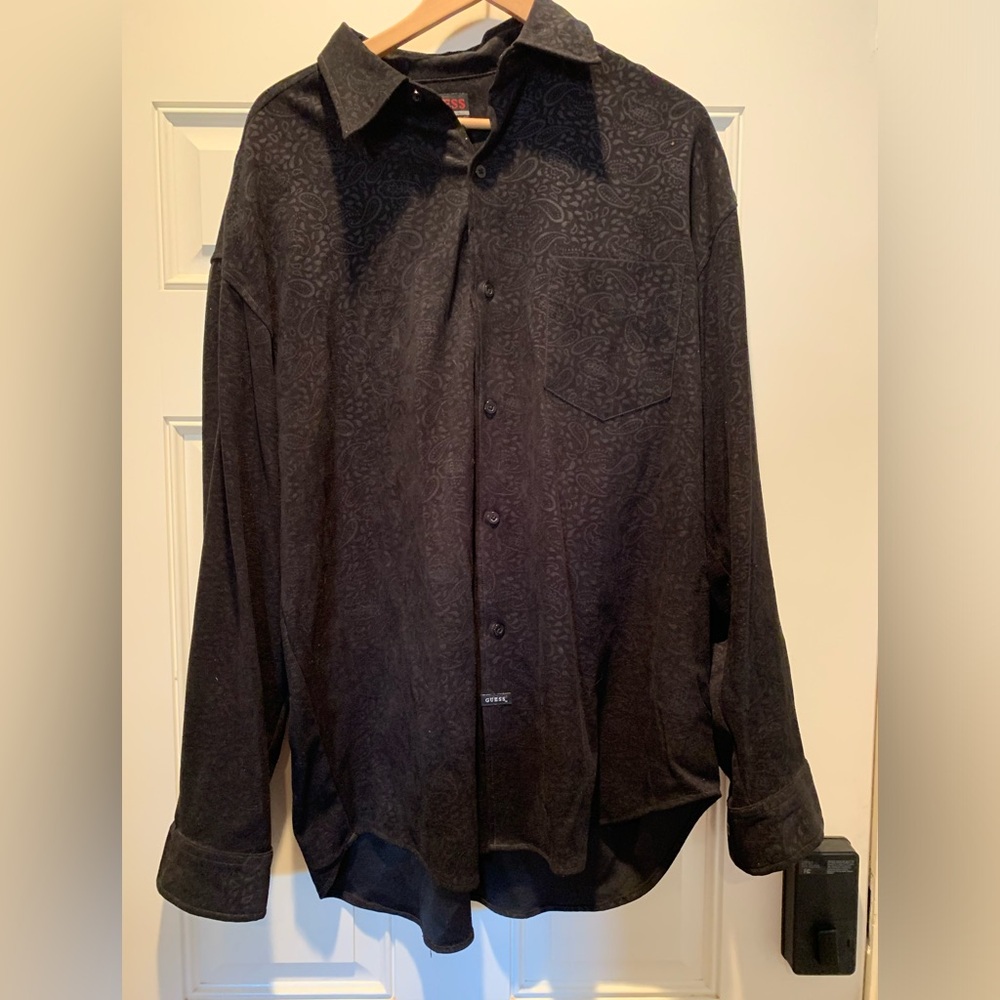 Vintage Guess Brand Suede Button Up Dress Shirt Black Size XL X-Large Paisley